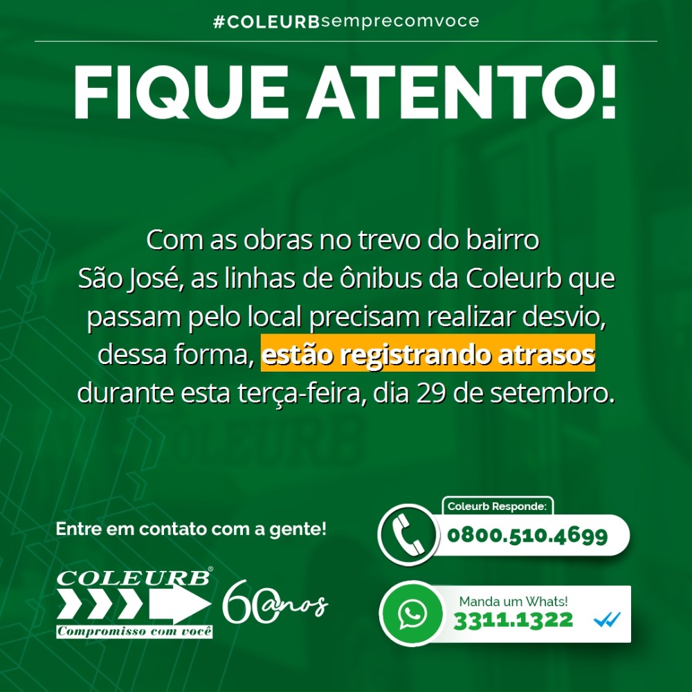 Obras no trevo do bairro São José causam atrasos nas linhas de ônibus da Coleurb nesta terça (29)