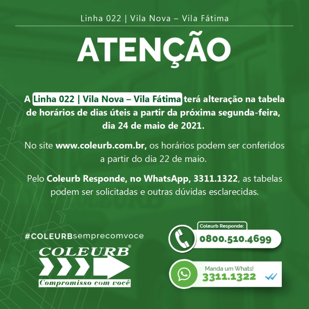 Alteração nos horários da linha de ônibus da Coleurb, L022| Vila Nova – Vila Fátima