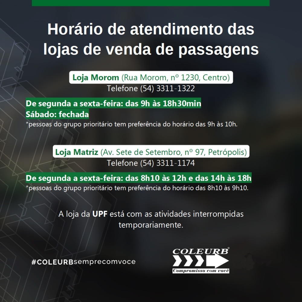 Horário de atendimento das lojas de venda de passagens