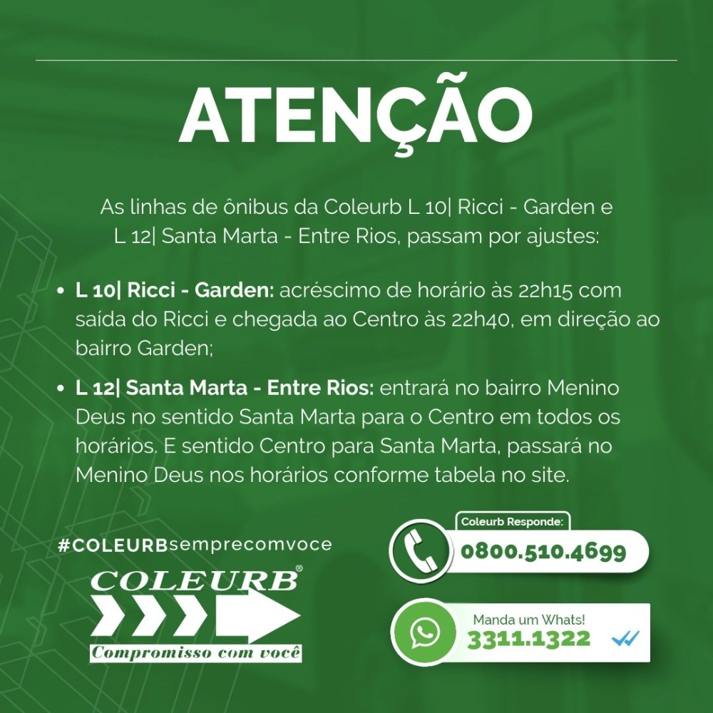 Atualizações nos horários de linhas de ônibus da Coleurb 