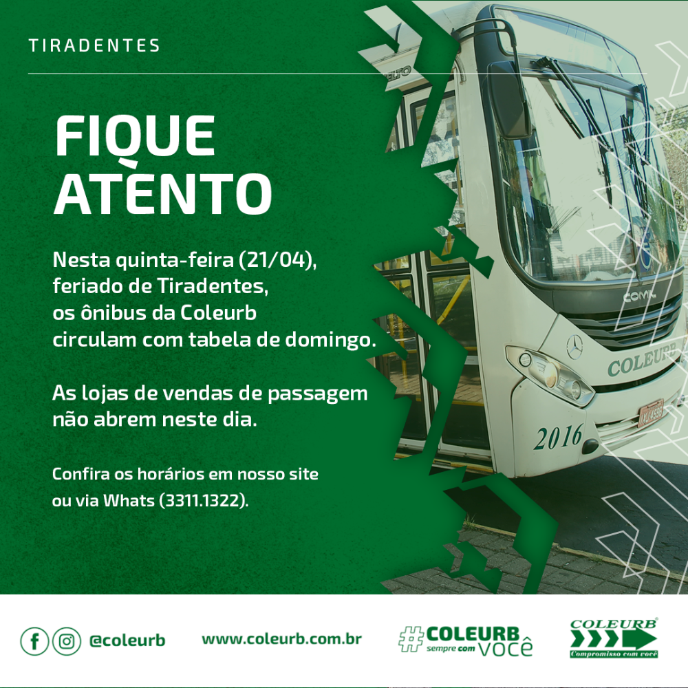 Coleurb opera com tabela de domingo nesta quinta-feira, 21 de abril, feriado de Tiradentes 