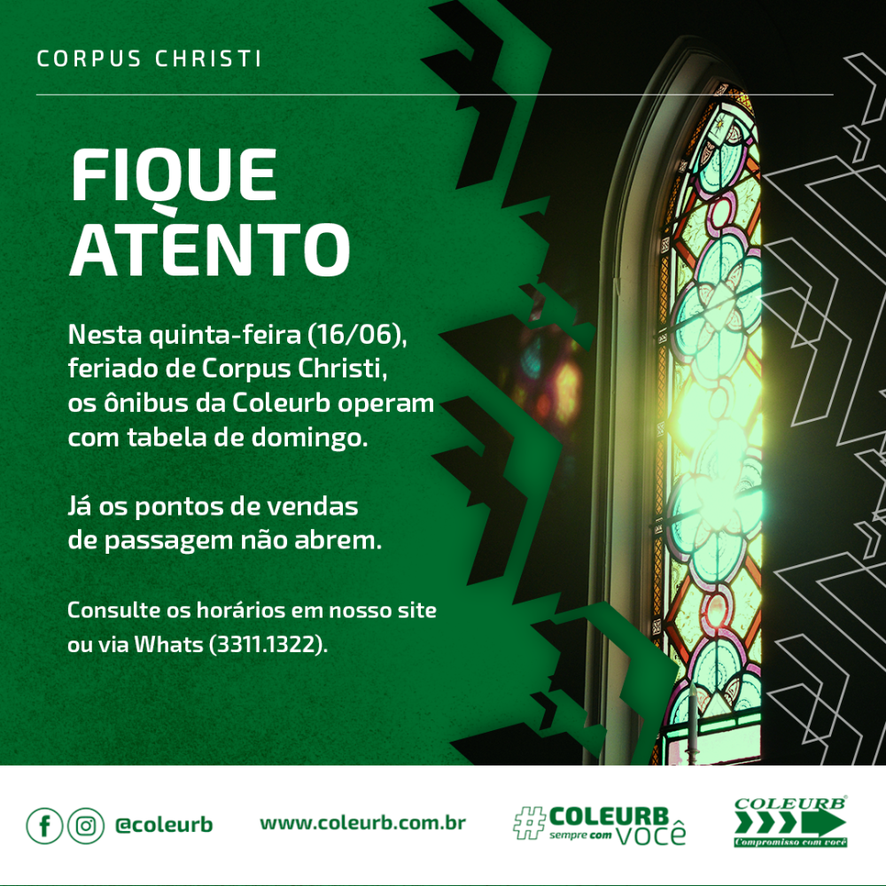 Atendimento da Coleurb no feriado de Corpus Christi, 16/06