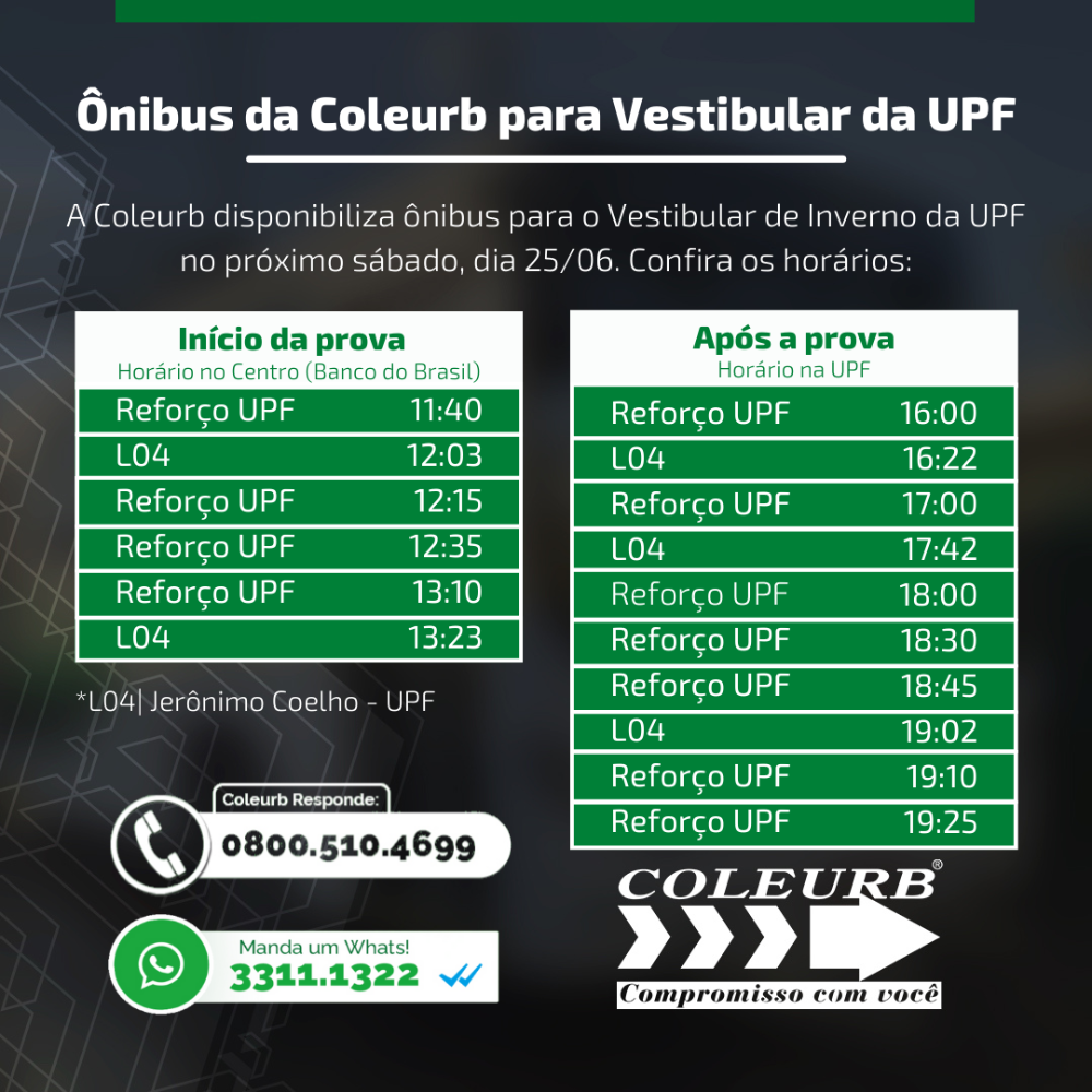Coleurb disponibiliza ônibus extra para o Vestibular da UPF neste sábado (25)