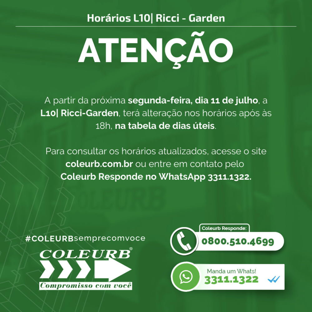 Linha 10| Ricci – Garden tem alteração nos horários a partir de 11/07