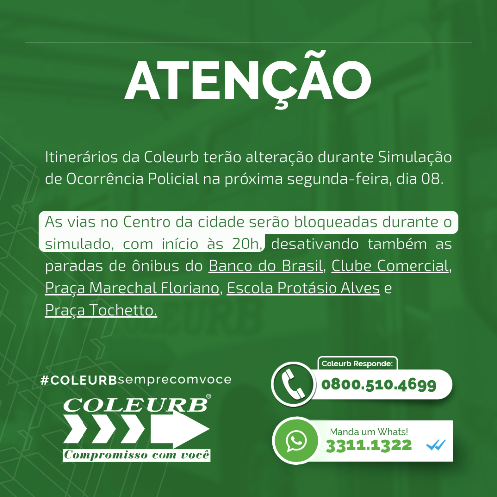 Itinerários da Coleurb terão alteração durante Simulação de Ocorrência Policial na segunda (08)