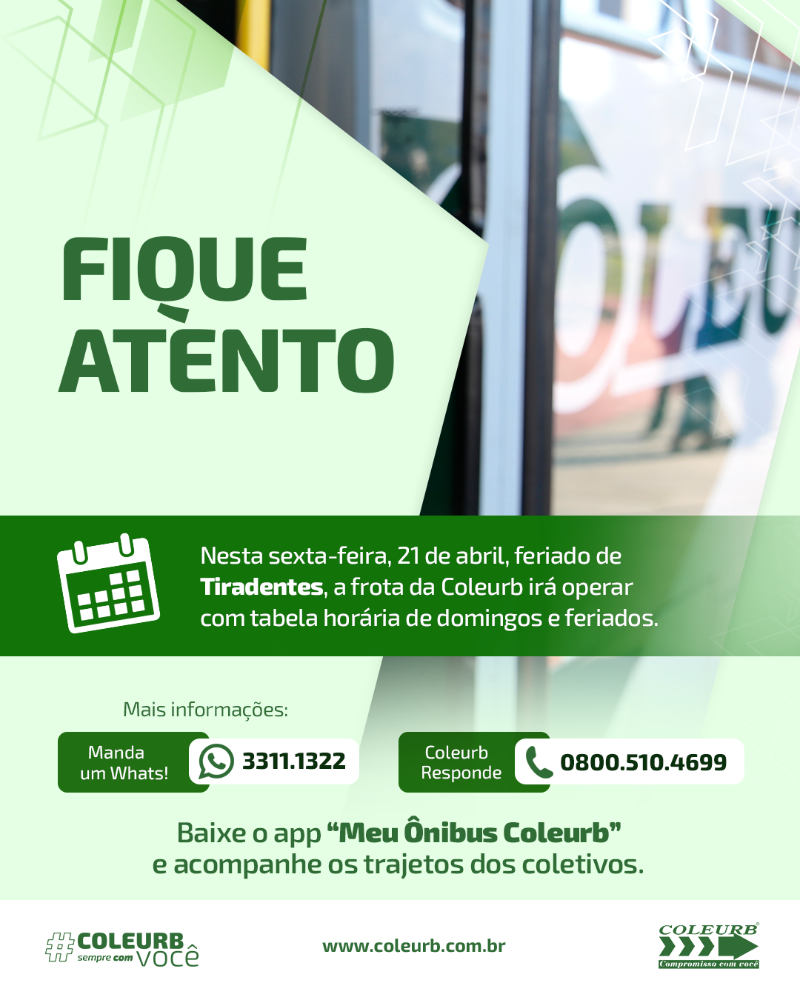 Coleurb opera com tabela de domingo no feriado de Tiradentes