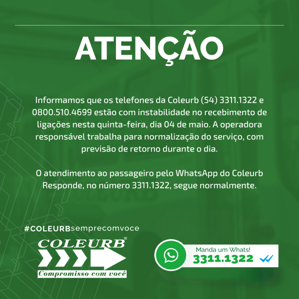 Instabilidade para ligações nos números de telefone da Coleurb nesta quinta (04/05)