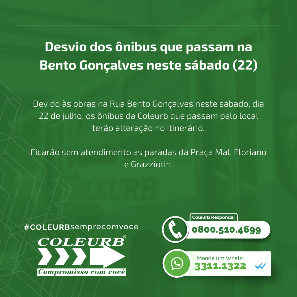 Ônibus da Coleurb que passam na Bento Gonçalves fazem desvio neste sábado (22)