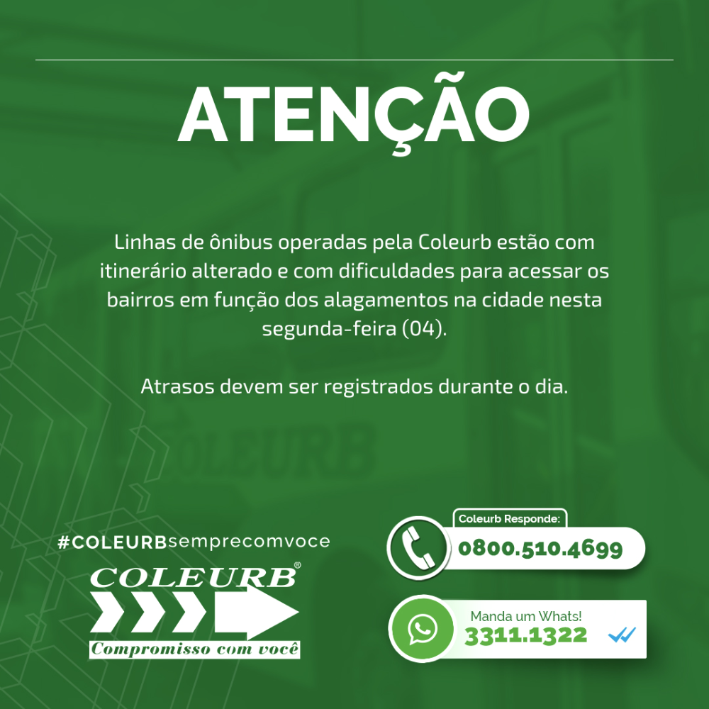 Linhas da Coleurb fazem desvios em decorrência de alagamentos nesta segunda-feira (04)