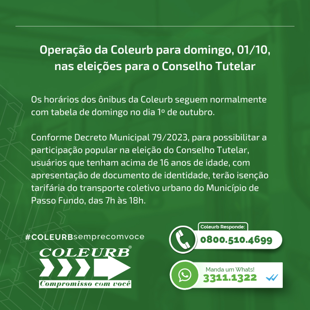 Operação da Coleurb para domingo, 01/10, nas eleições para o Conselho Tutelar