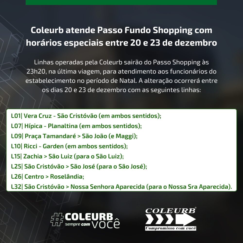Coleurb atende Passo Fundo Shopping com horários especiais entre 20 e 23 de dezembro