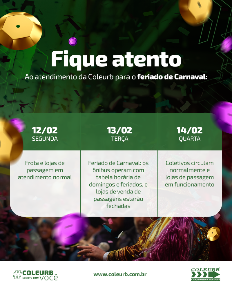 Coleurb divulga operação para o feriado de Carnaval 