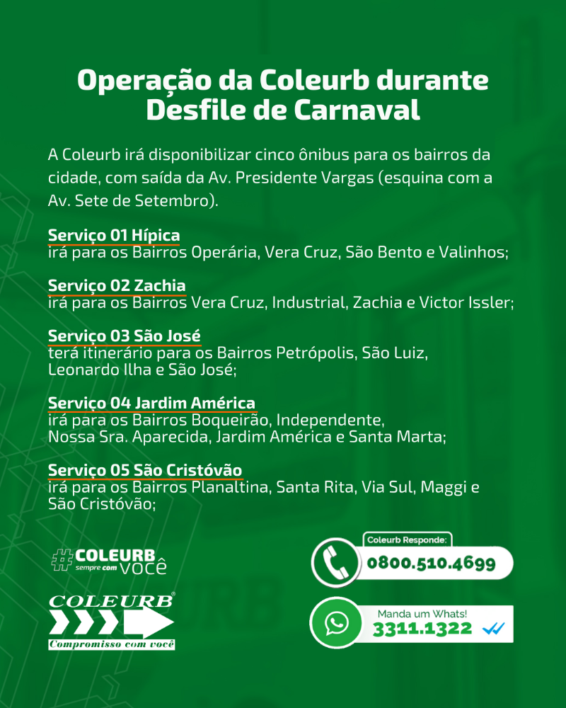 Operação da Coleurb é alterada durante Desfile de Carnaval 