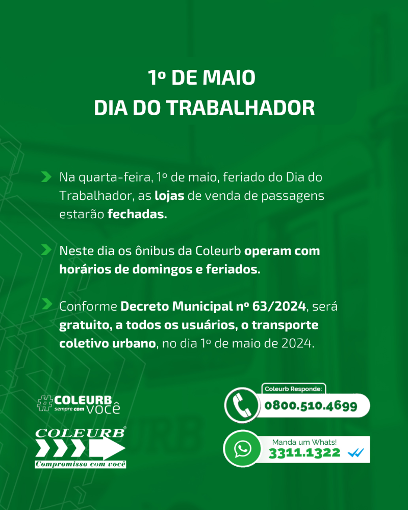 Coleurb opera com tabela de domingos e feriados nesta quarta-feira, Dia do Trabalhador