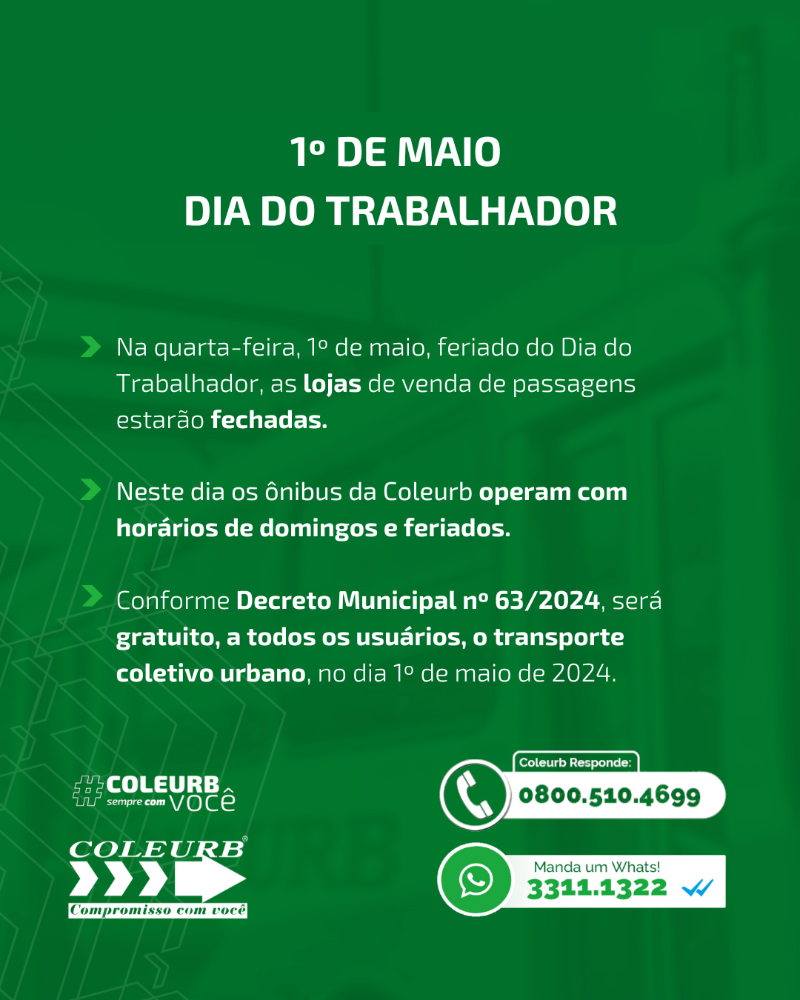 Coleurb opera com tabela de domingos e feriados nesta quarta-feira, Dia do Trabalhador 