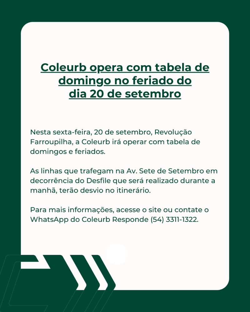 Coleurb opera com tabela de domingo no dia 20 de setembro