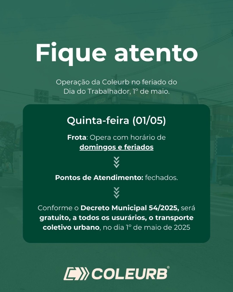 Operação da Coleurb para quinta-feira, 1º de maio