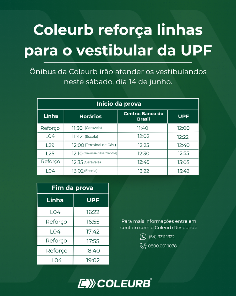 Coleurb disponibiliza horários de ônibus para o Vestibular da UPF
