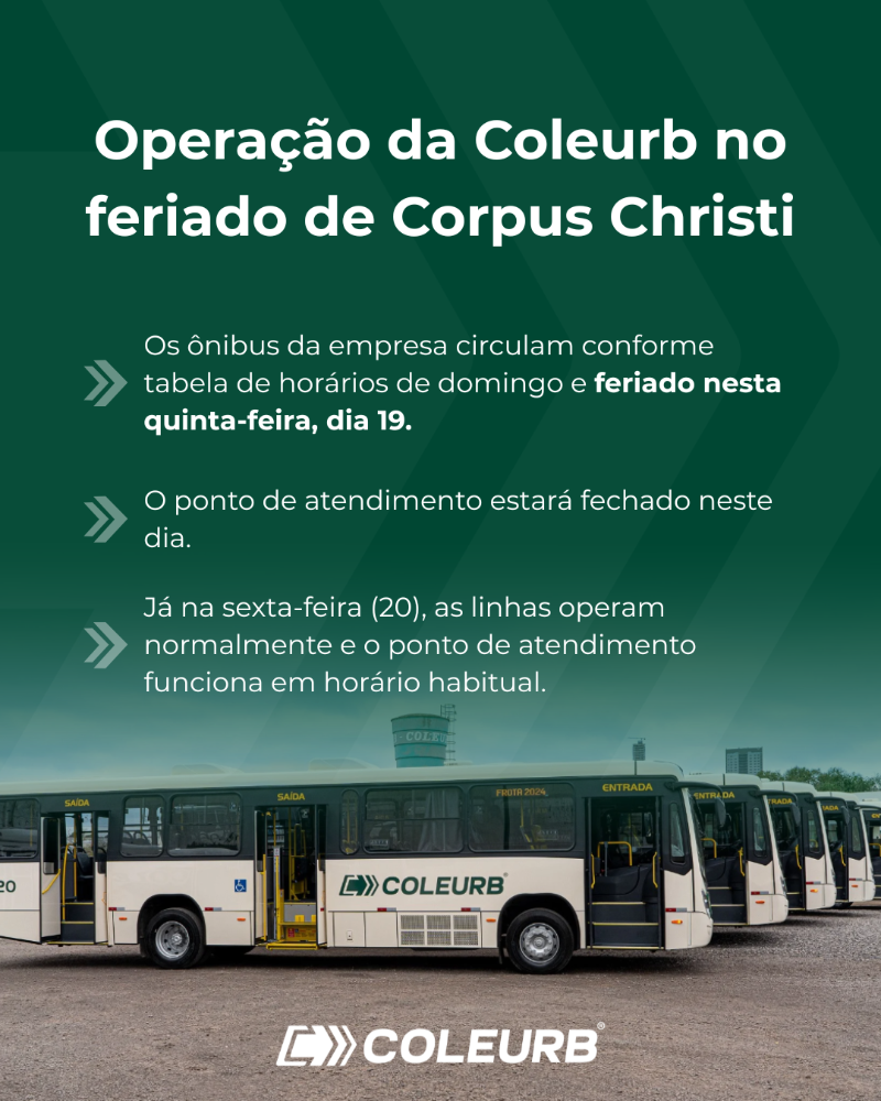 Coleurb opera com horários de domingo nesta quinta-feira (19), feriado de Corpus Christi