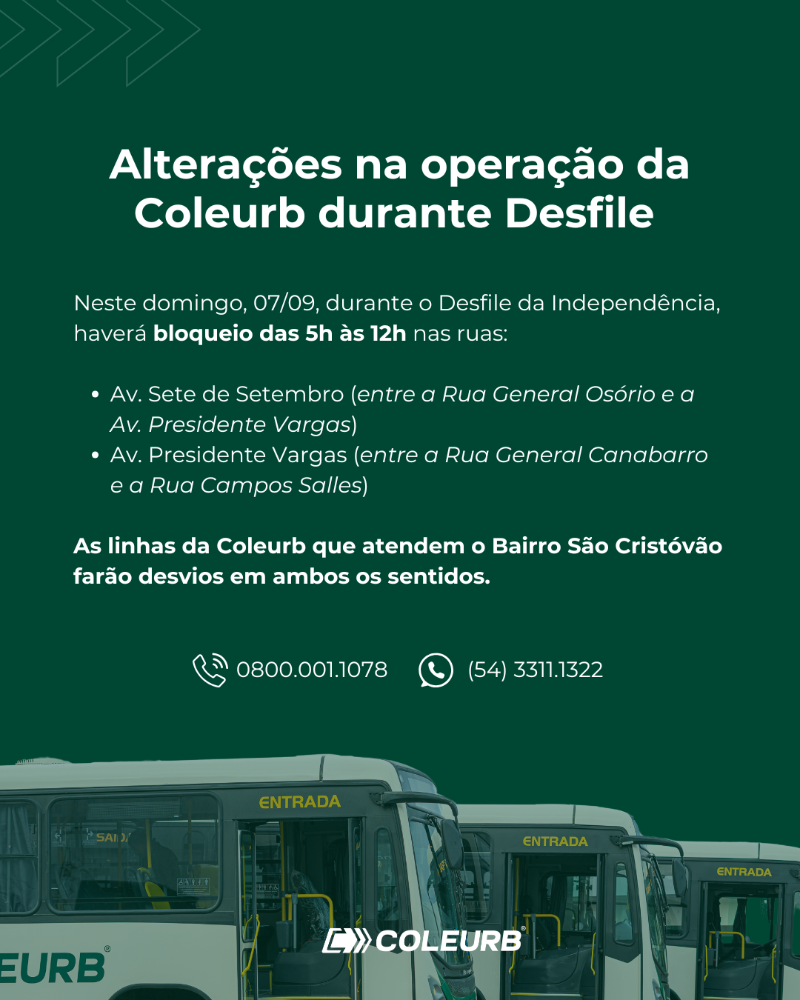 Alterações na operação da Coleurb para o Desfile de 7 de Setembro