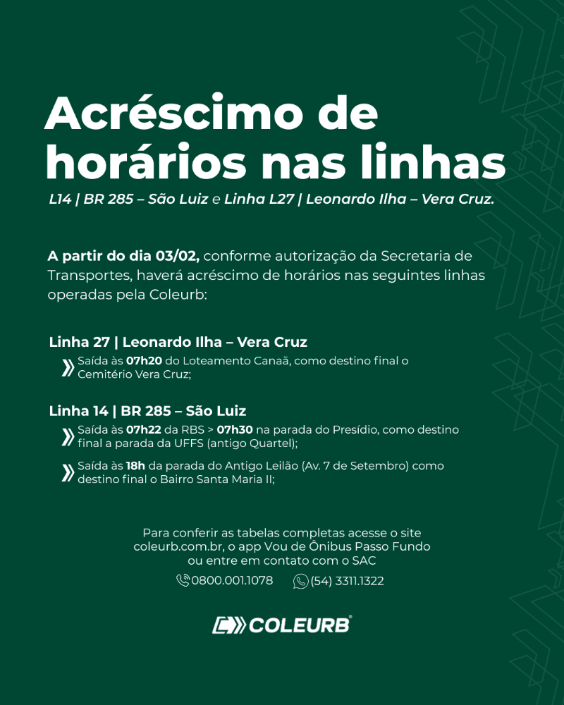 Linhas 14| BR 285 – São Luiz e 27| Leonardo Ilha – Vera Cruz tem acréscimo de horários