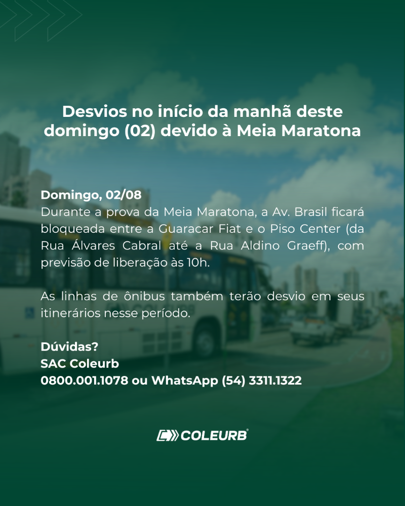Linhas da Coleurb farão desvio neste domingo (02) durante a Meia Maratona