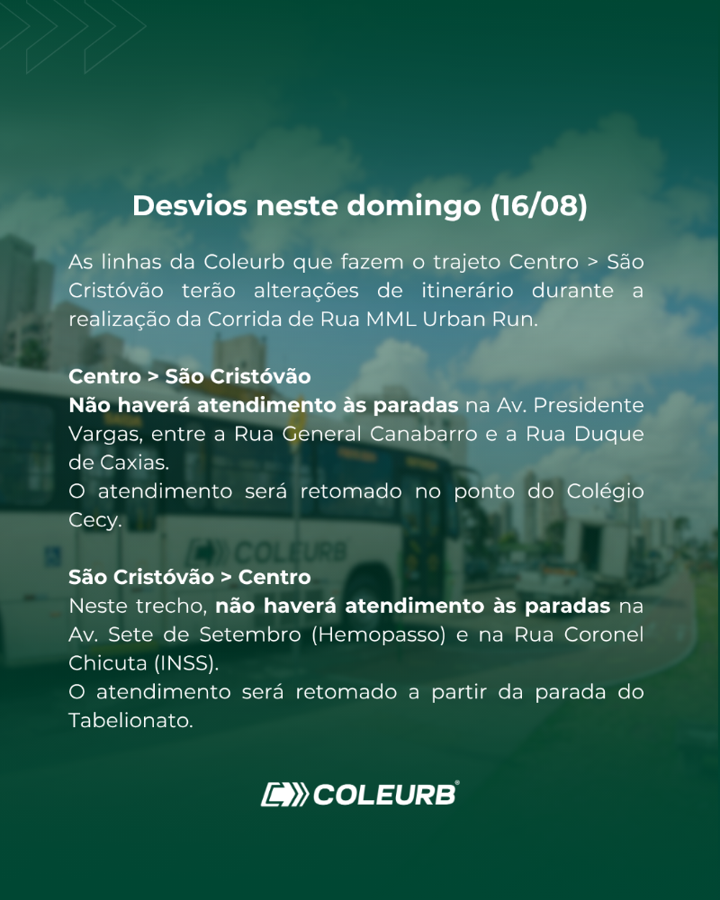 Linhas com desvio de rota neste domingo (16/08) devido à Corrida de Rua