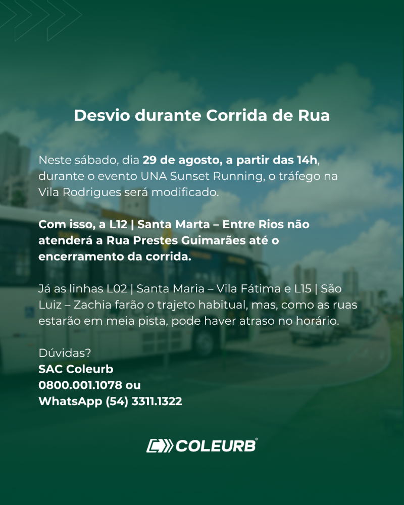 Corrida de rua altera itinerário de linhas da Coleurb neste sábado, dia 29 de agosto