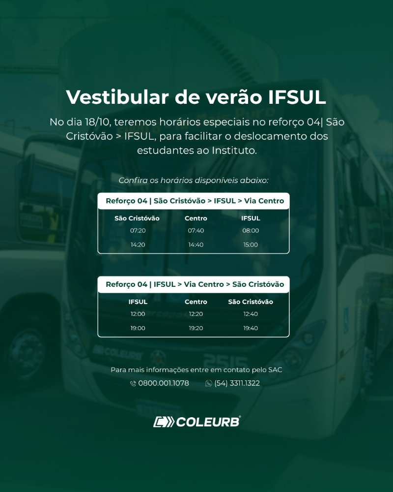 Coleurb disponibiliza ônibus para o Vestibular do IFSUL