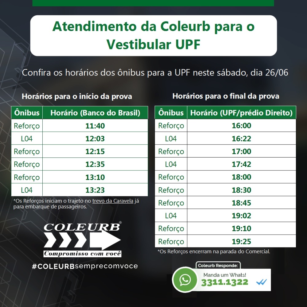 Coleurb disponibiliza ônibus Reforço para o Vestibular de Inverno da UPF neste sábado, dia 26