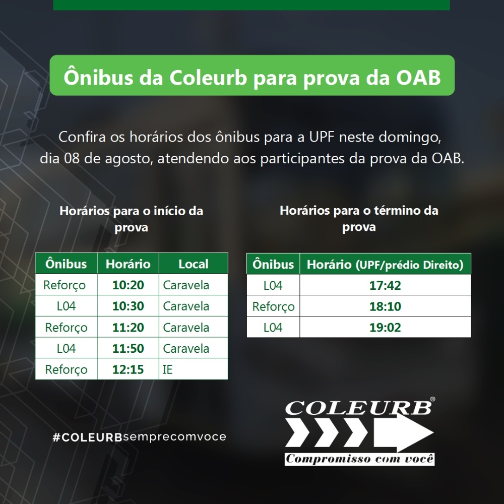 Coleurb disponibiliza ônibus Reforço para realização da prova da OAB