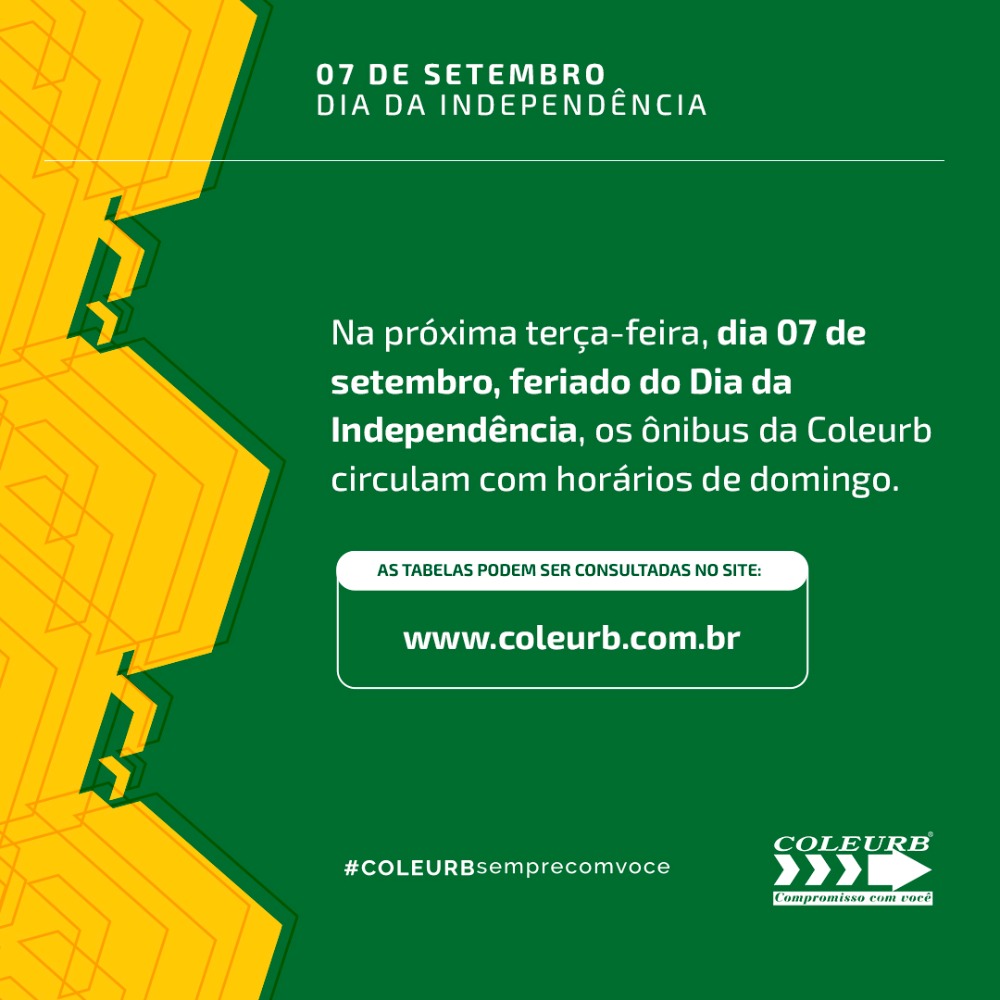 Coleurb opera com tabela de domingo no feriado de Independência do Brasil 