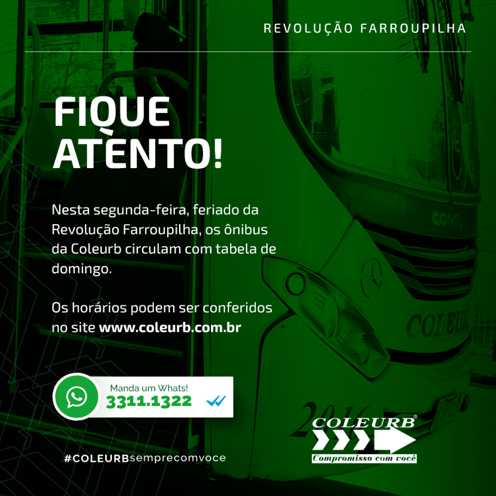 Coleurb opera com tabela de domingo no feriado da Revolução Farroupilha