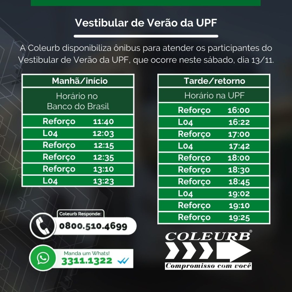 Coleurb disponibiliza ônibus para o Vestibular de Verão da UPF