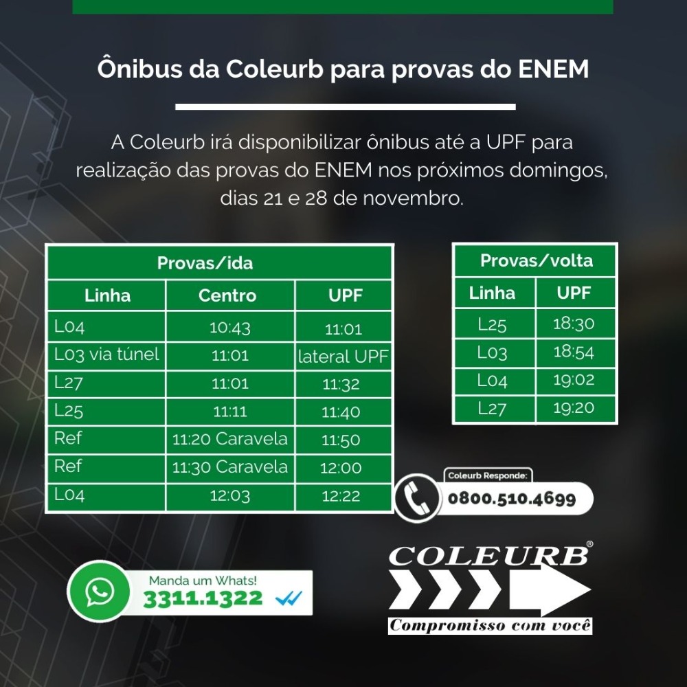 Coleurb oferece ônibus para realização das provas do Enem